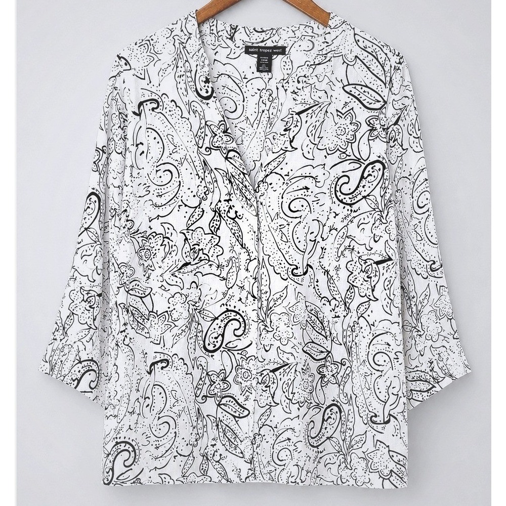 Saint Tropez West Woman 3X Linen Top Black White Paisley Floral 3/4 Sleeve Artsy